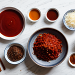 A professional flat lay photograph showcasing an array of essential Korean cooking ingredients. Centered are open jars of vibrant red Gochujang and earthy brown Doenjang, alongside bowls of bright red Gochugaru powder and a bottle of clear, amber Ganjang (Korean soy sauce). Fresh ginger roots and garlic cloves are artfully arranged nearby. The textures and colors of each ingredient are clearly visible. Photographed on a clean, light wooden kitchen counter, with soft, diffused natural light creating subtle shadows. The background is slightly blurred to keep focus on the ingredients. Professional food photography, high resolution, sharp focus, inviting presentation, fully clothed, modest clothing, appropriate attire, safe for work, appropriate content, professional, perfect anatomy, correct proportions, natural pose, well-formed hands, proper finger count, natural body proportions, family-friendly.