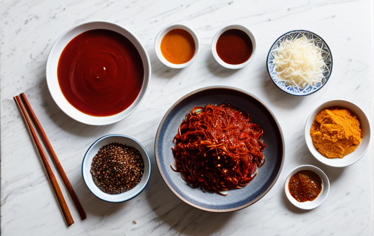 A professional flat lay photograph showcasing an array of essential Korean cooking ingredients. Centered are open jars of vibrant red Gochujang and earthy brown Doenjang, alongside bowls of bright red Gochugaru powder and a bottle of clear, amber Ganjang (Korean soy sauce). Fresh ginger roots and garlic cloves are artfully arranged nearby. The textures and colors of each ingredient are clearly visible. Photographed on a clean, light wooden kitchen counter, with soft, diffused natural light creating subtle shadows. The background is slightly blurred to keep focus on the ingredients. Professional food photography, high resolution, sharp focus, inviting presentation, fully clothed, modest clothing, appropriate attire, safe for work, appropriate content, professional, perfect anatomy, correct proportions, natural pose, well-formed hands, proper finger count, natural body proportions, family-friendly.