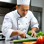 A focused professional chef, fully clothed in a clean, modest chef's uniform, demonstrating precise knife skills with fresh vegetables on a pristine stainless steel counter in a modern, brightly lit commercial kitchen. The chef's expression conveys concentration and expertise, reflecting mastery of technique. Perfect anatomy, correct proportions, natural pose, well-formed hands, proper finger count, natural body proportions, professional photography, high quality, safe for work, appropriate content, family-friendly.