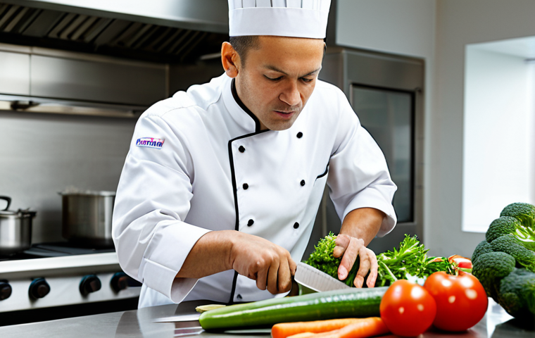 A focused professional chef, fully clothed in a clean, modest chef's uniform, demonstrating precise knife skills with fresh vegetables on a pristine stainless steel counter in a modern, brightly lit commercial kitchen. The chef's expression conveys concentration and expertise, reflecting mastery of technique. Perfect anatomy, correct proportions, natural pose, well-formed hands, proper finger count, natural body proportions, professional photography, high quality, safe for work, appropriate content, family-friendly.