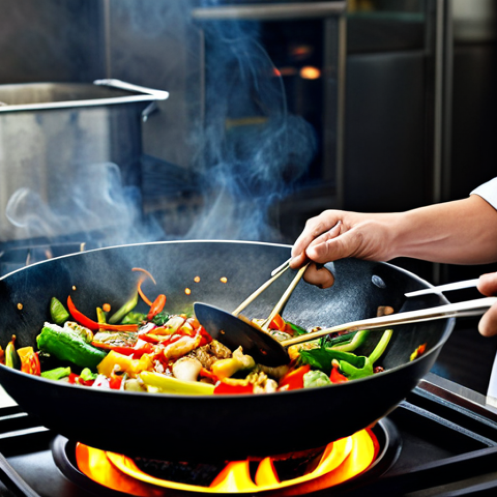 Wok Cooking Scene**

"A chef in a clean, professional kitchen expertly stir-frying vegetables in a wok, flames visible, fully clothed, appropriate attire, safe for work, demonstrating 'wok hei', perfect anatomy, natural proportions, vibrant colors, high-quality photography, family-friendly."

**