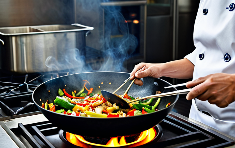 Wok Cooking Scene**

"A chef in a clean, professional kitchen expertly stir-frying vegetables in a wok, flames visible, fully clothed, appropriate attire, safe for work, demonstrating 'wok hei', perfect anatomy, natural proportions, vibrant colors, high-quality photography, family-friendly."

**