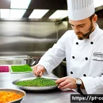 양식조리사 시험 접수 방법 - **Prompt:** A confident male chef, in his early 30s, meticulously placing microgreens with tweezers ...