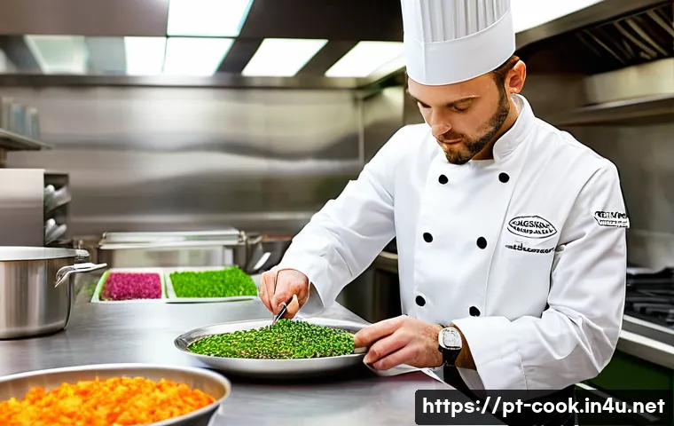 양식조리사 시험 접수 방법 - **Prompt:** A confident male chef, in his early 30s, meticulously placing microgreens with tweezers ...