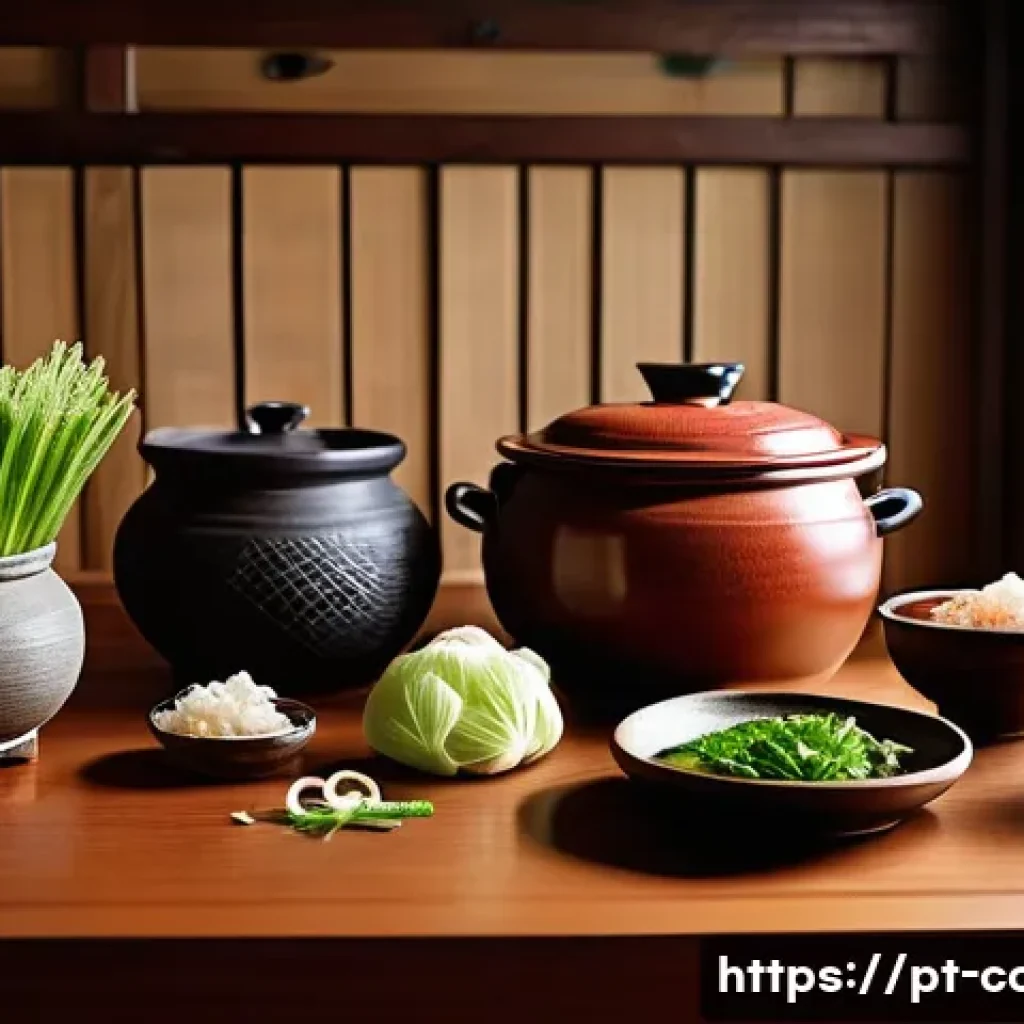 한식조리사 심화 학습 자료 - A vibrant and detailed kitchen scene showcasing traditional Korean cooking ingredients arranged on a...