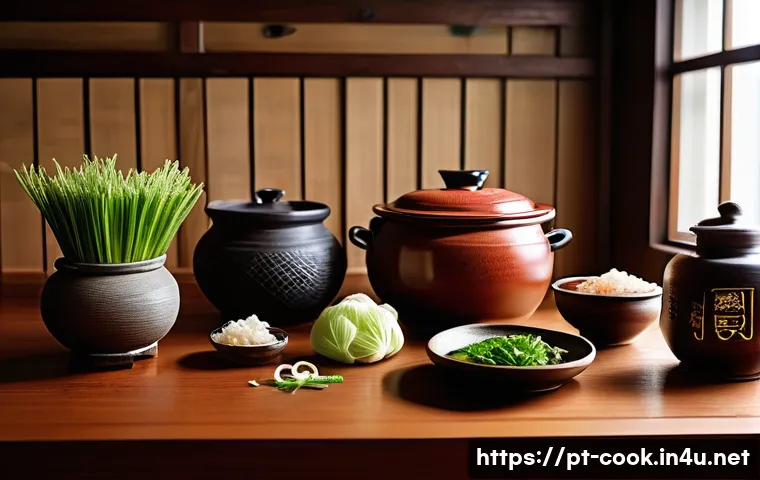 한식조리사 심화 학습 자료 - A vibrant and detailed kitchen scene showcasing traditional Korean cooking ingredients arranged on a...