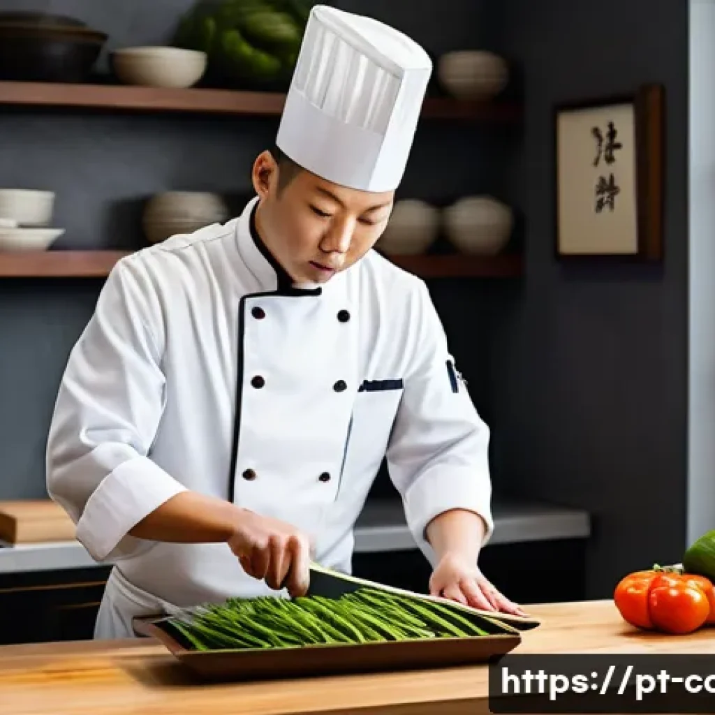 중식조리 자격증 실기 준비 기간 - A professional kitchen scene showing a focused chef practicing Chinese culinary techniques at home. ...