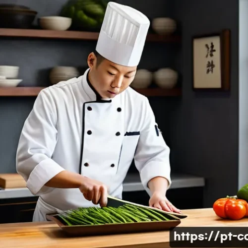 중식조리 자격증 실기 준비 기간 - A professional kitchen scene showing a focused chef practicing Chinese culinary techniques at home. ...