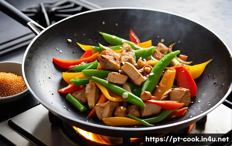 중식조리 이론에서 자주 틀리는 문제 - A vibrant, high-angle close-up of a traditional Chinese stir-fry in a well-seasoned wok on a gas sto...