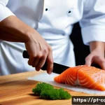 일식조리사 시험에 자주 나오는 요리 - A professional Japanese chef in a pristine white uniform and apron, skillfully slicing fresh salmon ...