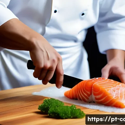 일식조리사 시험에 자주 나오는 요리 - A professional Japanese chef in a pristine white uniform and apron, skillfully slicing fresh salmon ...
