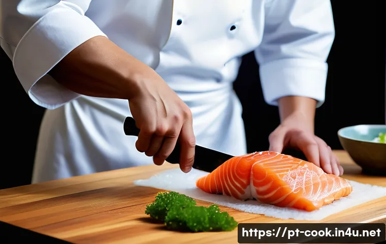 일식조리사 시험에 자주 나오는 요리 - A professional Japanese chef in a pristine white uniform and apron, skillfully slicing fresh salmon ...