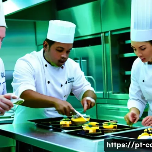 조리 자격증 대비 학원 추천 - A modern culinary classroom scene showing a diverse group of adult students practicing cooking techn...