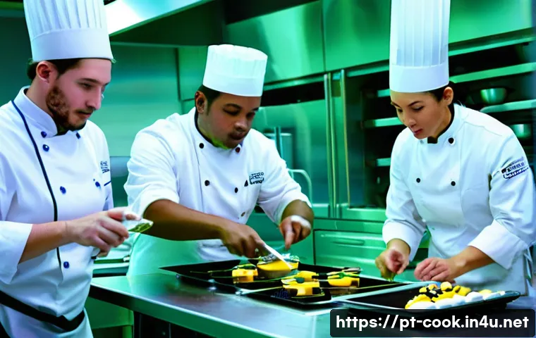 조리 자격증 대비 학원 추천 - A modern culinary classroom scene showing a diverse group of adult students practicing cooking techn...