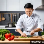 중식조리사 자격증 관련 규정 변경 - A professional Chinese culinary student in a modern Brazilian kitchen, wearing a clean chef’s unifor...