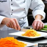 양식조리 실기 시험 메뉴 구성 - A professional chef’s kitchen workstation during a culinary practical exam, featuring a meticulously...