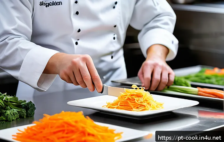 양식조리 실기 시험 메뉴 구성 - A professional chef’s kitchen workstation during a culinary practical exam, featuring a meticulously...